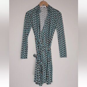 DVF Diane Von Furstenberg Silk Jersey Jeanne Two Wrap Dress Green Print Size XS